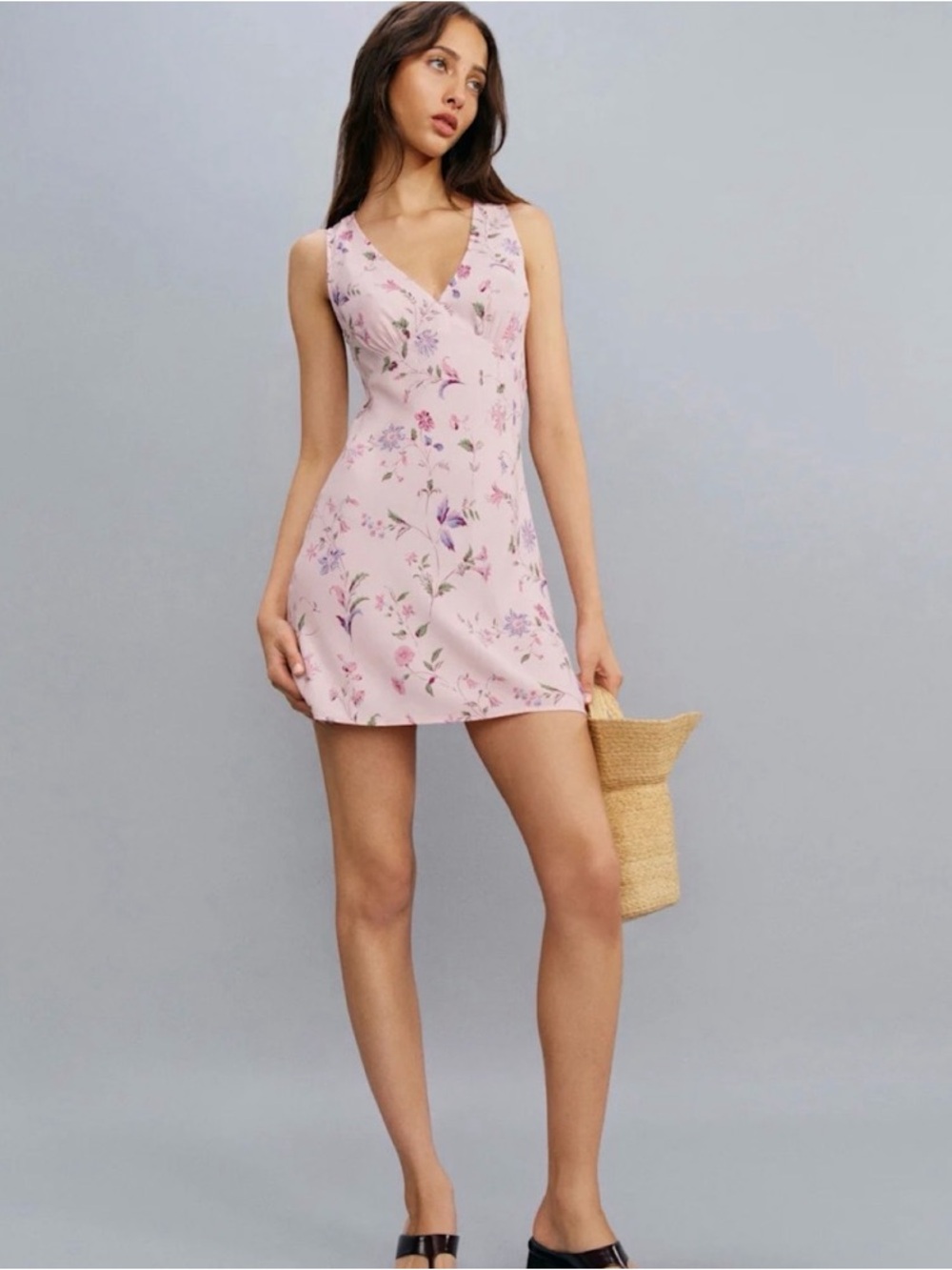 Reformation Pink Floral V-Neck Mini Dress